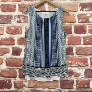 Rose + Olive Top Women's Large Blue White Multicolor Striped Abstract Shirt